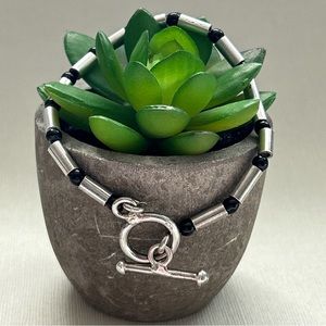 Minimalist Sterling Silver Tube Onyx Bead Lariat Bracelet